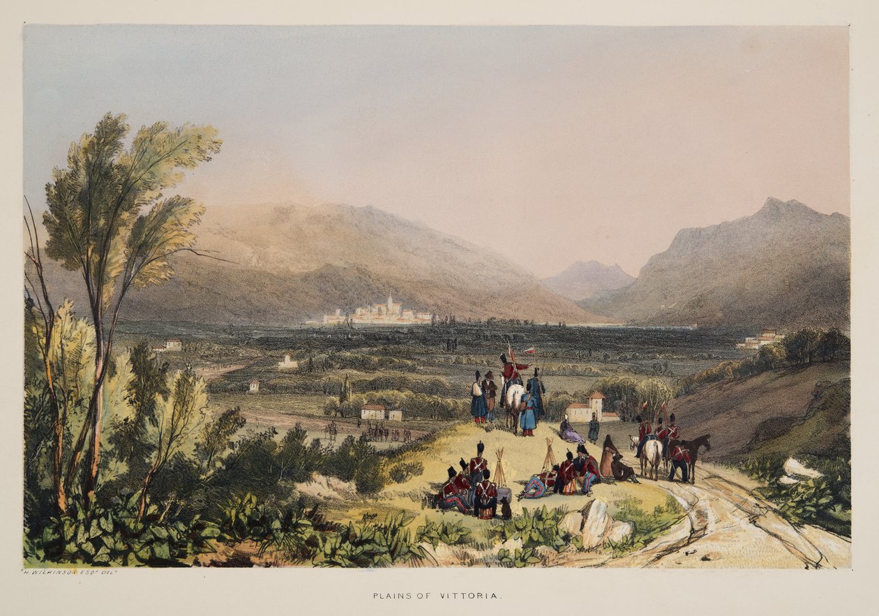 Plains og City of Vitoria, fra Skitser af landskaber i de baskiske provinser i Spanien, med et udvalg af national musik ?, pub. 1838 (håndfarvet gravering) af Henry Wilkinson