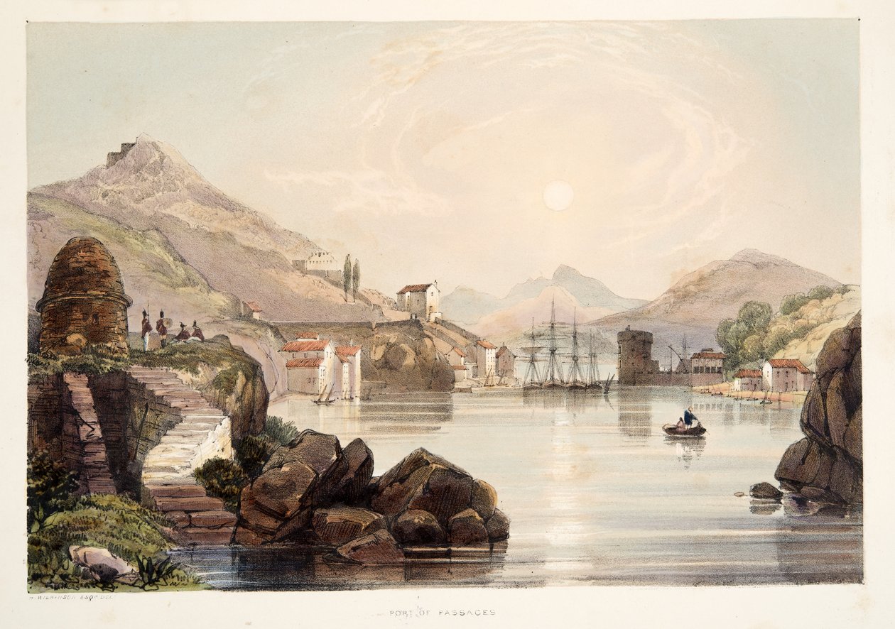 Port of Passages, fra Skitser af landskaber i de baskiske provinser i Spanien, med et udvalg af national musik ?, pub. 1838 (håndfarvet gravering) af Henry Wilkinson