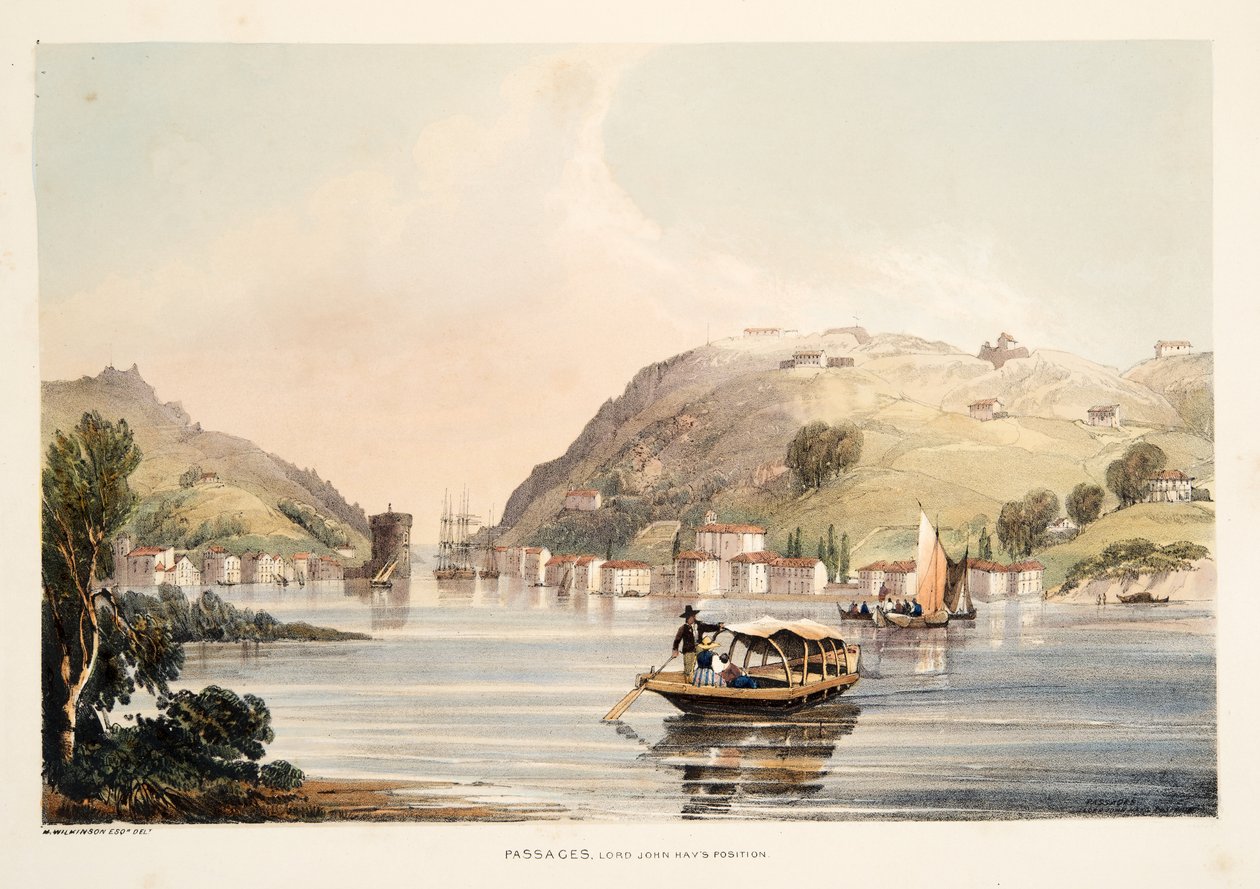 Position af Lord John Hay, ved Passages, fra Skitser af landskaber i de baskiske provinser i Spanien, med et udvalg af national musik ?, pub. 1838 (håndfarvet gravering) af Henry Wilkinson