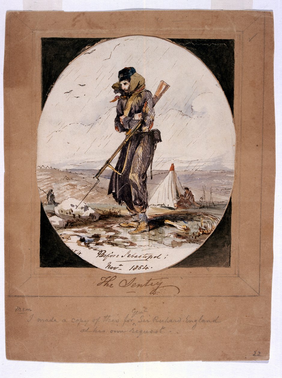 The Sentry, before Sebastopol, 1854 (pen og blæk med wc på papir) af Henry Wilkinson