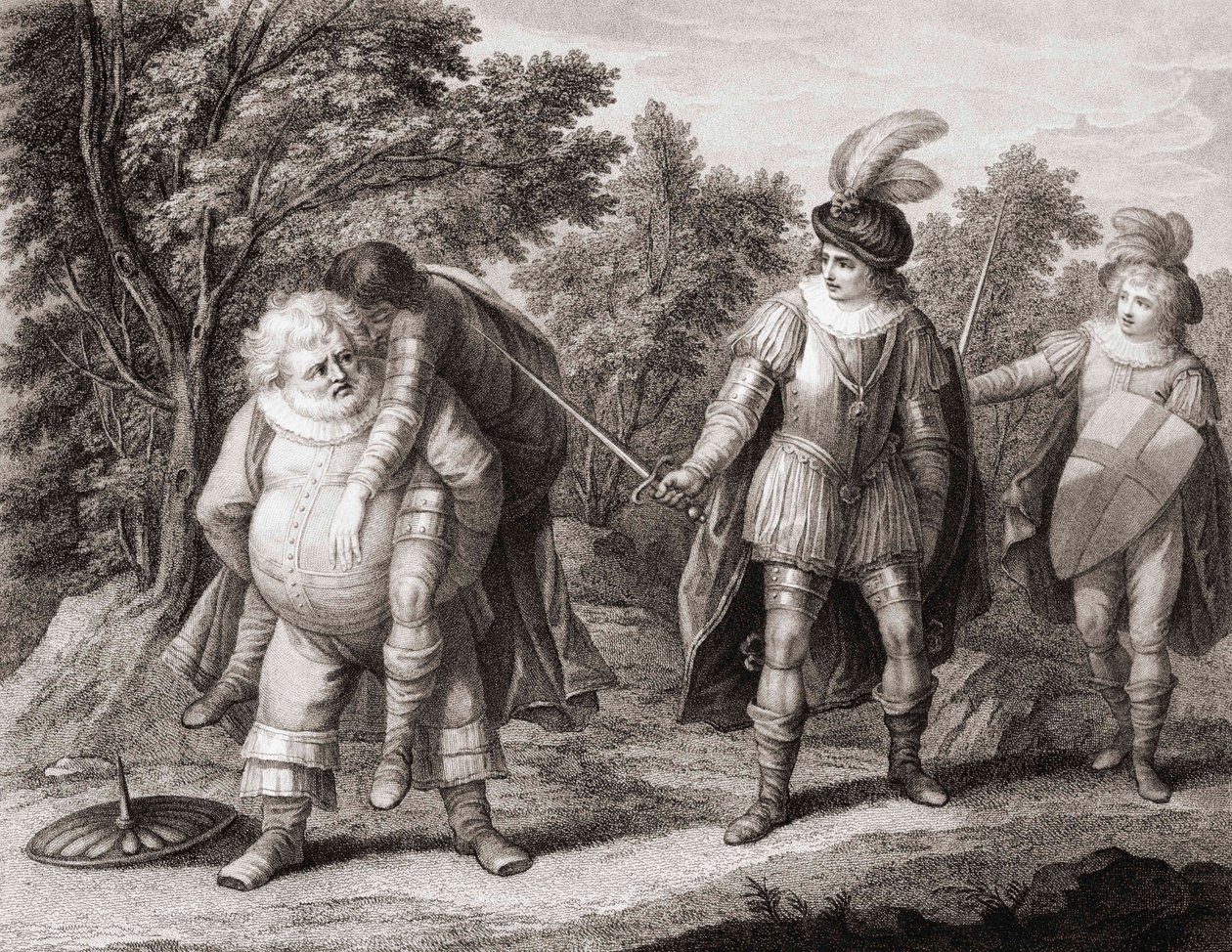 Falstaff med liget af Hotspur på ryggen. (Print) af Henry William (after) Bunbury