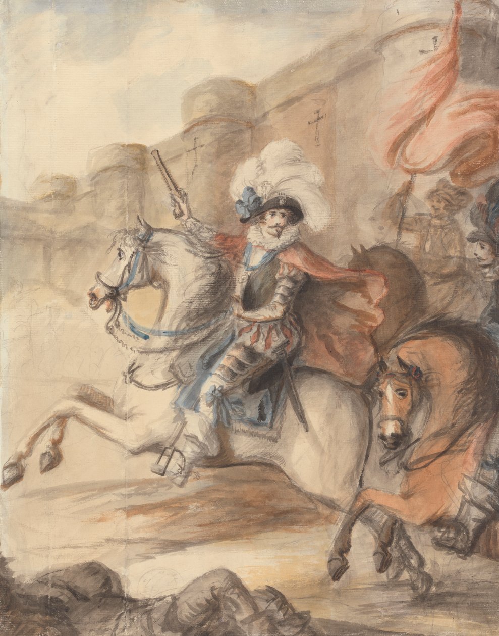 En kavaleriofficer (Henry IV) leder en angreb uden for et slot af Henry William Bunbury