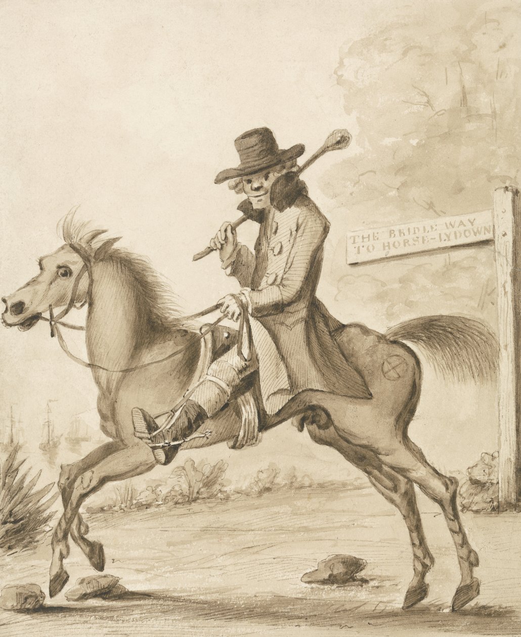 En illustration af H. Bunbury, An Academy for Grown Horsemen: A Bit of Blood (pen & blæk med vask på papir) af Henry William Bunbury
