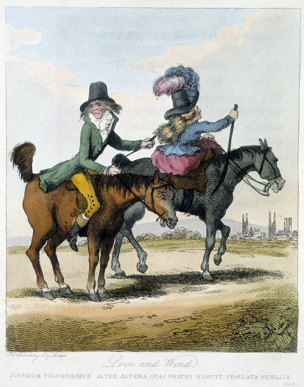 Kærlighed og vind - i “” Caricatures anglaise sur les manners de riding a horse”, ill. af H. W. Bunbury, red. John Stockdale af Henry William Bunbury