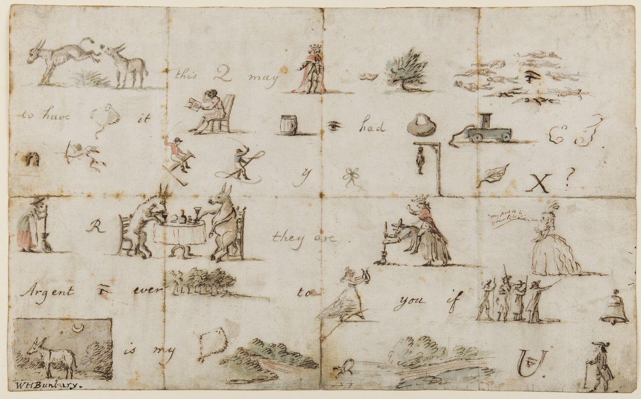 Piktogrambogstav (pen, blæk & wc på papir) af Henry William Bunbury