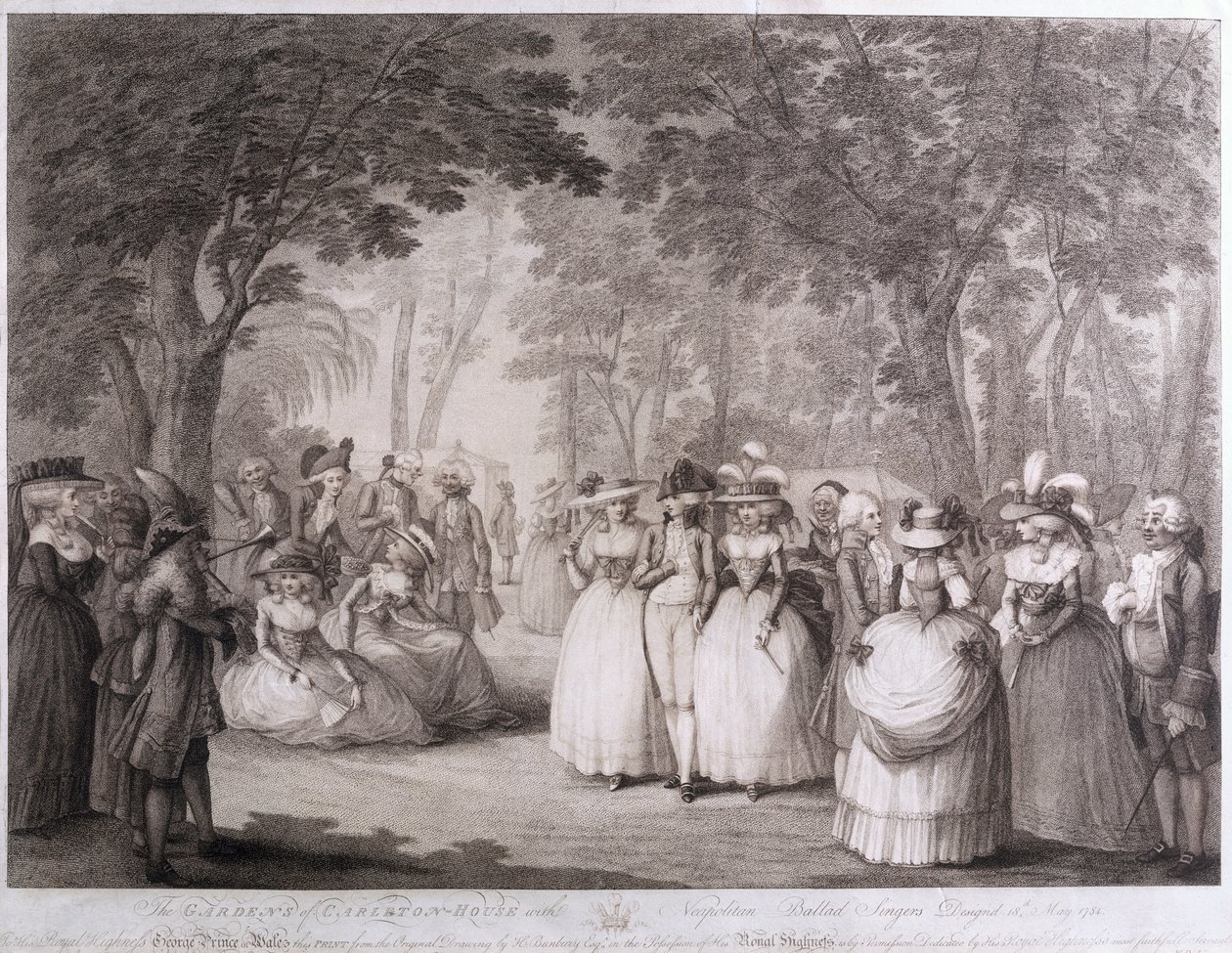 The Gardens of Carlton House med napolitanske balladesangere, indgraveret af William Dickinson (1746-1823), 1784 af Henry William Bunbury