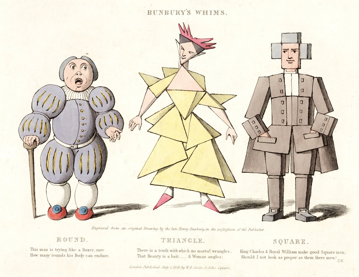 Rund, trekant og firkantet, fra Bunburys Whims, 1828 af Henry William after Bunbury