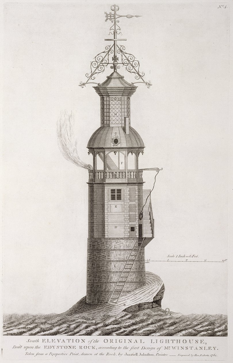 Eddystone Lighthouse graveret af Henry Roberts (fl.1761), 1761 af Henry Winstanley