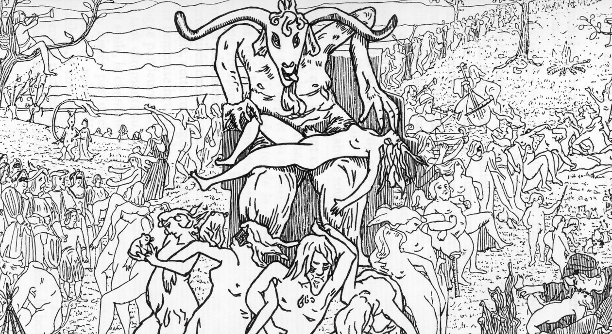 Repræsentation af en sabbatsscene samlet af hekse præsideret af satan, der giver anledning til orgier (sabbatssamling) Tegning af Henry de Malvost fra "Satanism and magic"" af Jules Bois 1895 Privat samling Â af Henry de Malvost