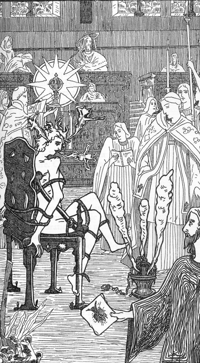 Repræsentation af en eksorcismeceremoni Tegning af Henry de Malvost fra "Satanism and Magic" af Jules Bois 1895 Privat samling af Henry de Malvost