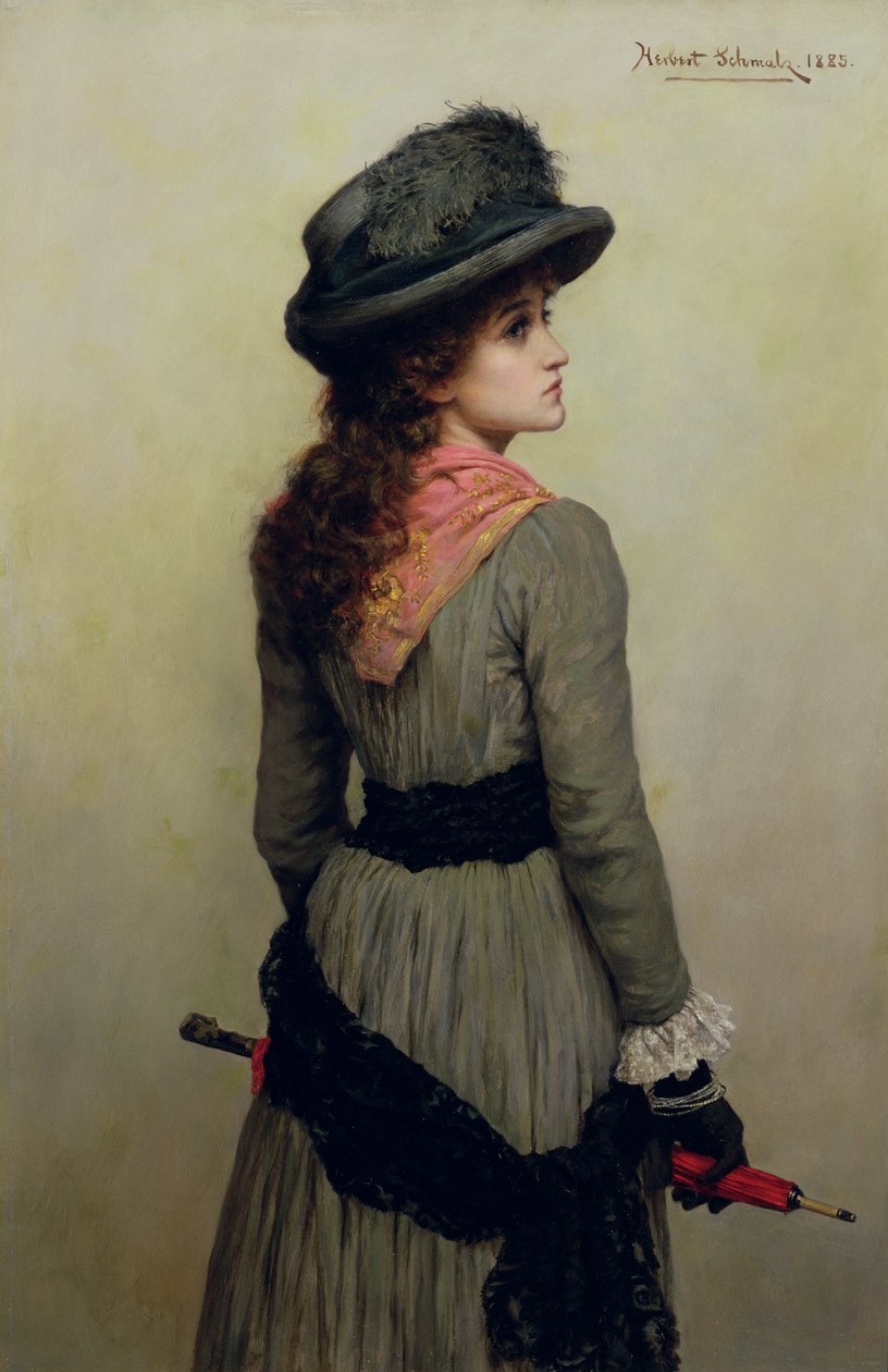 Denise - portræt af ung pige med en rød paraply, 1885 af Herbert Gustave Schmalz