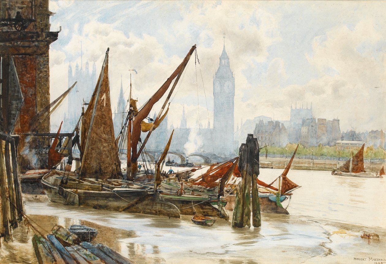 Westminster fra South Bank, 1885 (wc på papir) af Herbert Menzies Marshall