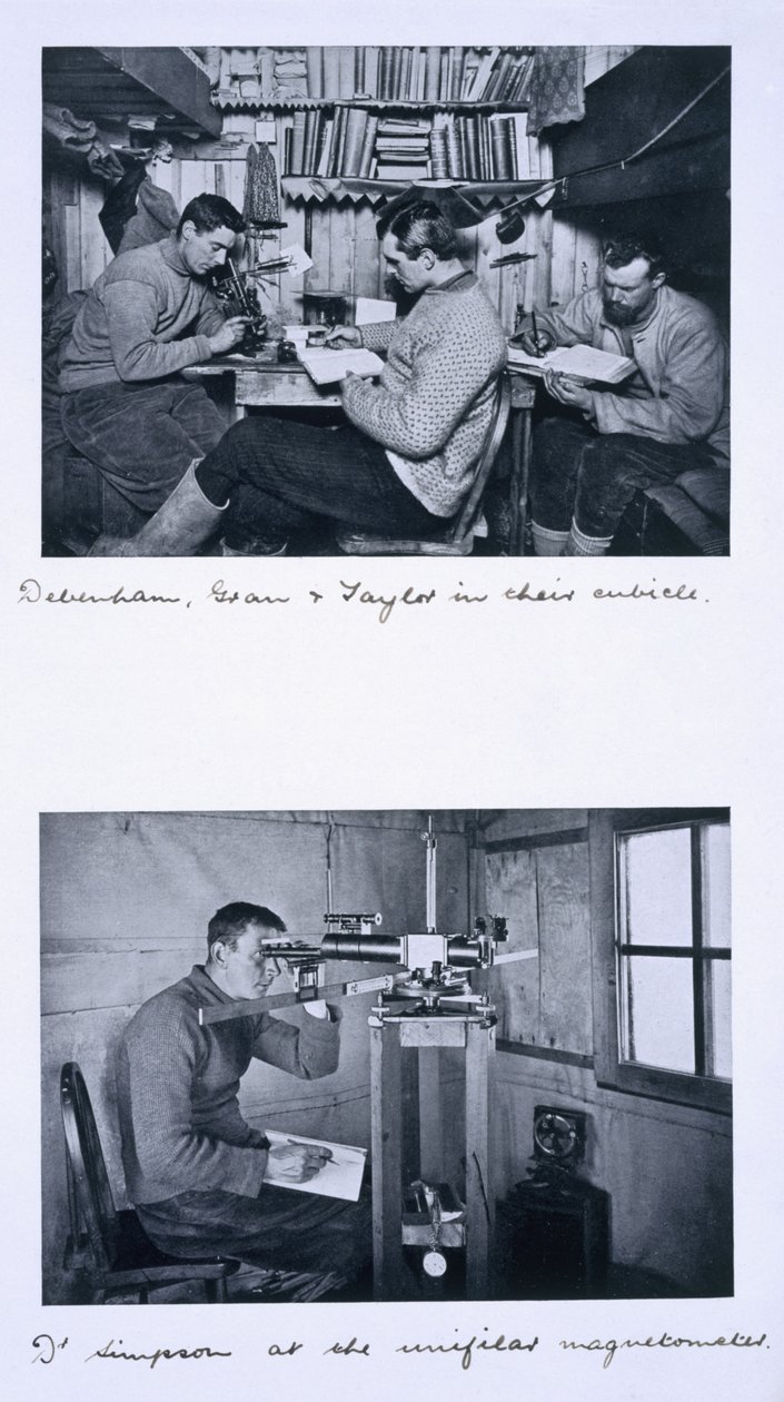 Øverst: Debenham, Gran og Taylor i deres kabine. Nederst: Dr. Simpson ved det unifilære magnetometer. Scotts sidste ekspedition, vinterrejse, 27. juni - 1. august 1911 af Herbert Ponting