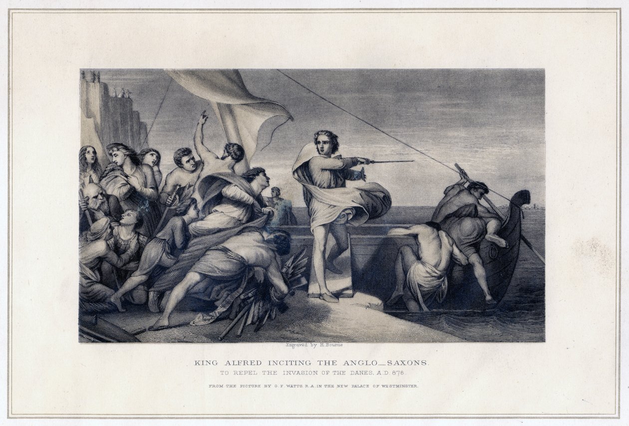 Kong Alfred opfordrer angelsakserne til at afvise invasionen af danskerne, 896, c1847 af Herbert Bourne