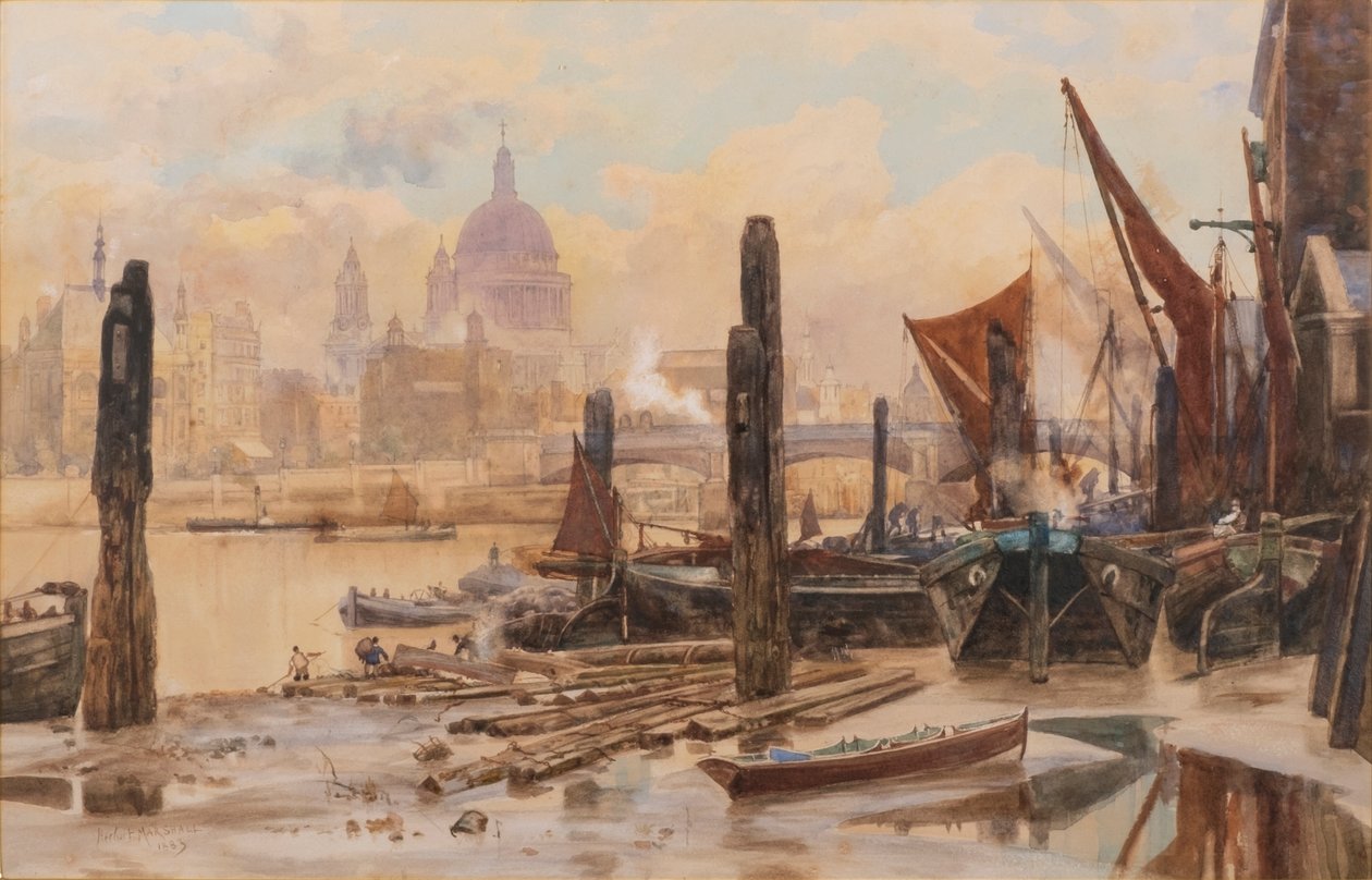 Fortøjede pramme fra Themsen; St Pauls og Blackfriars Bridge i det fjerne af Herbert Menzies Marshall