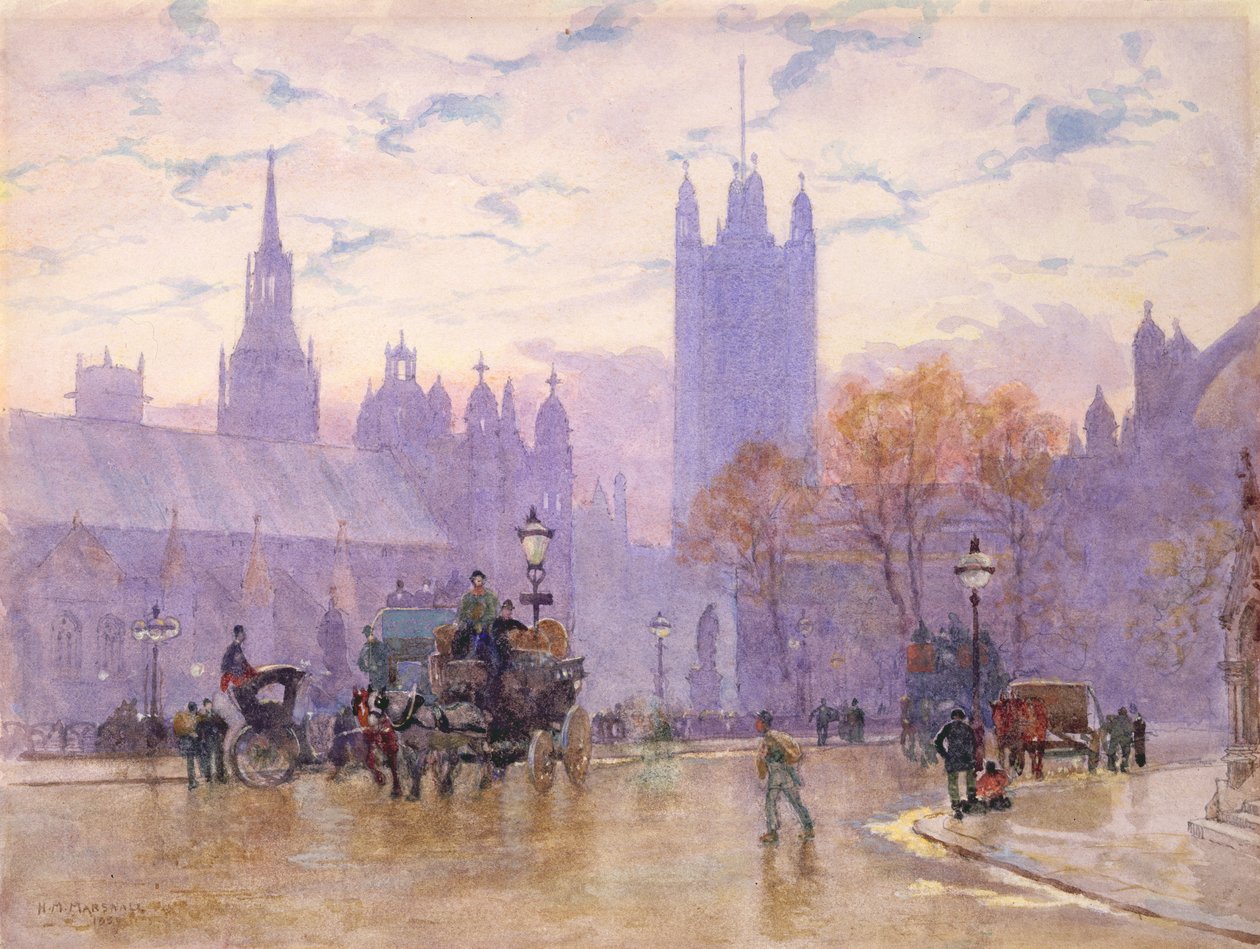 Morgen på Parlamentspladsen, 1889 (wc på papir) (par 26735) af Herbert Menzies Marshall