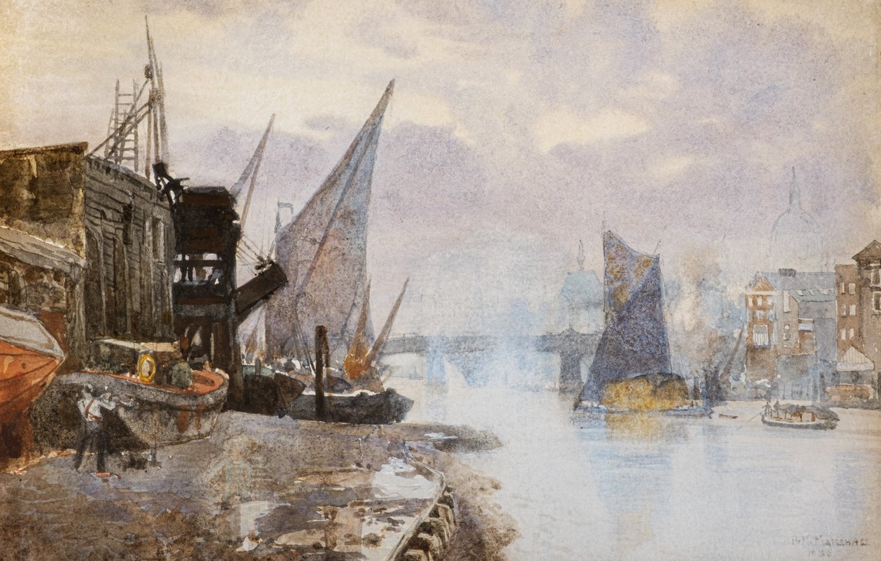 Skibsfart på Themsen ved Bankside, ca. 1884 (akvarel) af Herbert Menzies Marshall