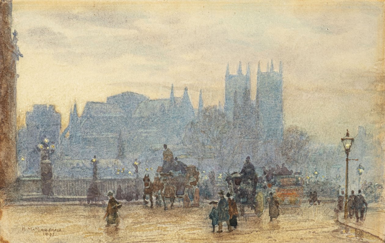 Westminster Abbey fra Westminster Bridge 1892 (akvarel) af Herbert Menzies Marshall