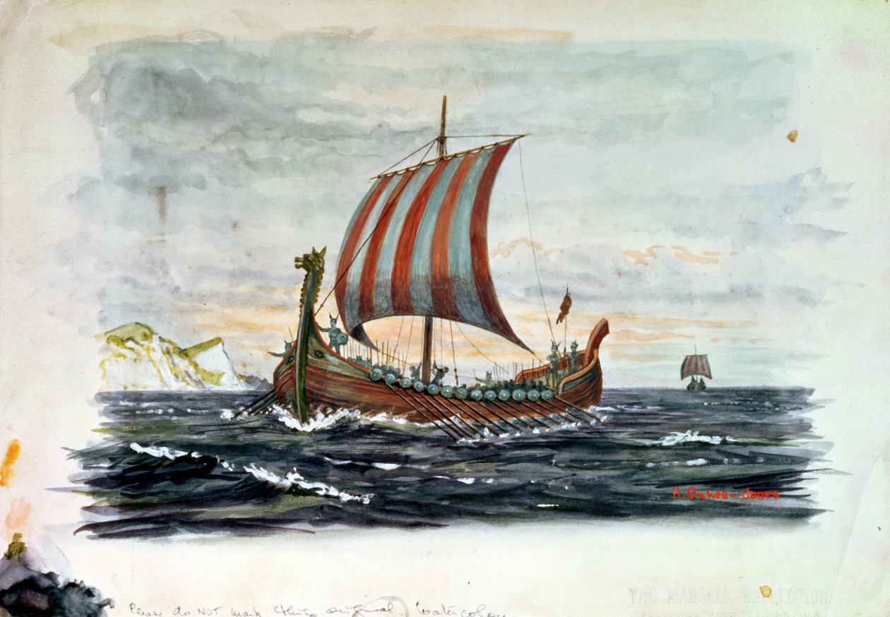 Vikingeskib (akvarel) af Herbert Oakes Jones