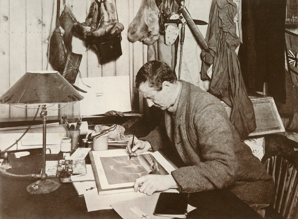 Dr. Wilson arbejder på skitsen, som er givet på s. 258, 1911, 1913 af Herbert Ponting