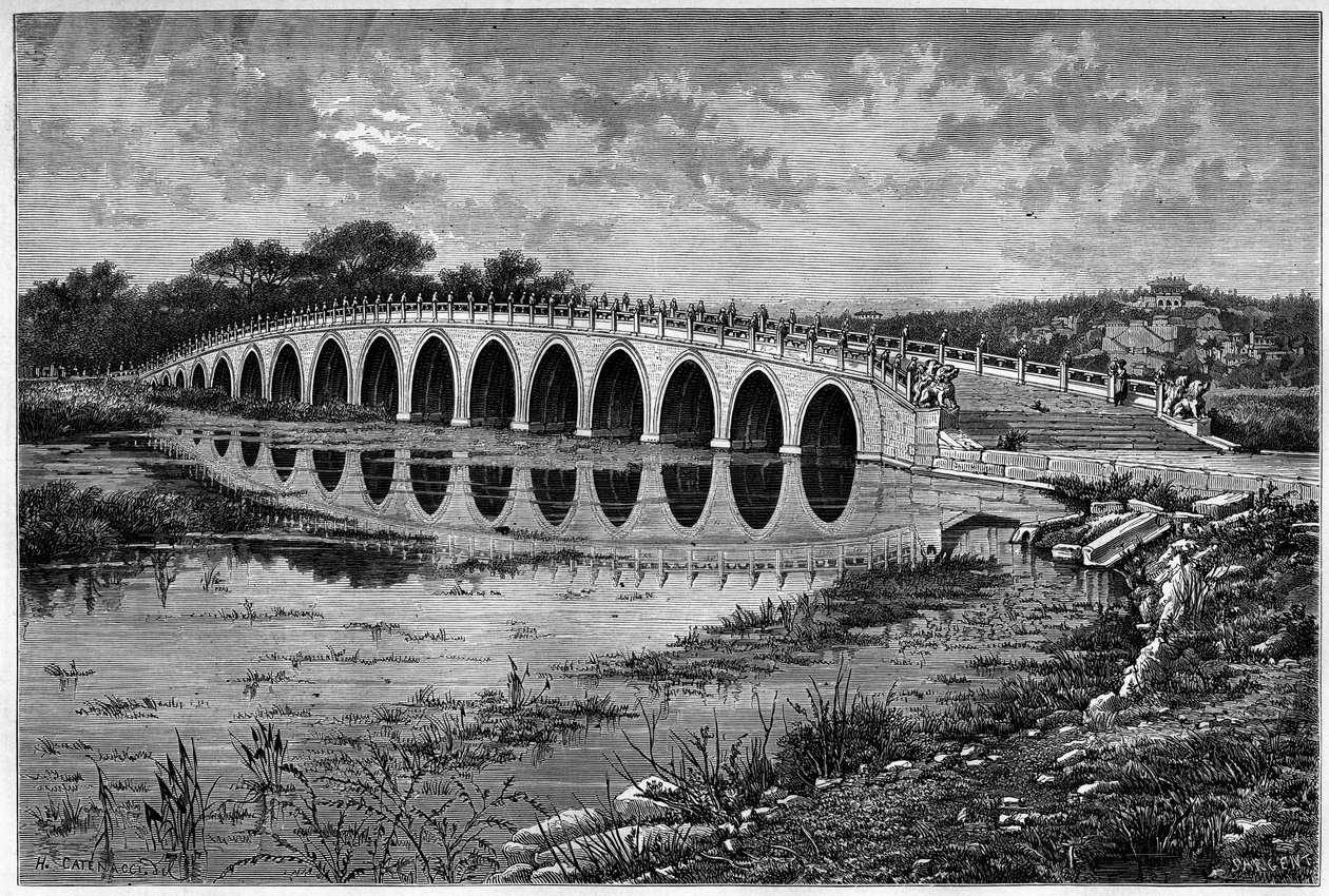 Bro med 17 buer ved Kunming-søen ved Ete-paladset nær Pekin i det 19. århundrede. Gravering efter en tegning af Catenacci, efter et fotografi af Thomson, i "" Le Tour du Monde, Nouveau journal des Voyages"", redigeret af Edouard Charton, Paris af Hercule (after) Catenacci