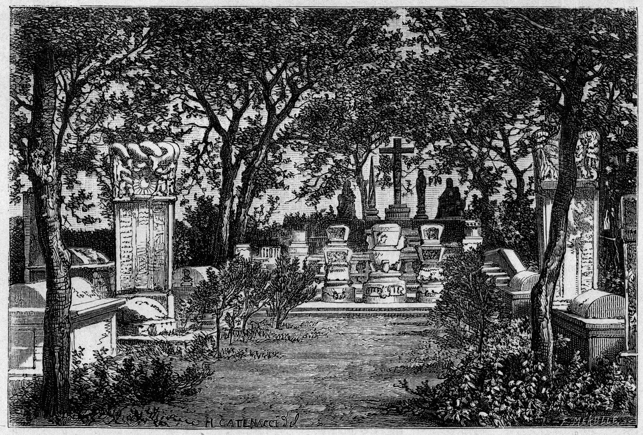 Grave af jesuitten Matteo Ricci (1552-1610) og Adam Schall von Bell (1592-1666) i Pekin (Beijing) i årene 1870. Indgravering efter en tegning af Catenacci, efter et fotografi af Thomson, i "" Le Tour du Monde , Nouveau journal des Voyages””, redigeret af af Hercule (after) Catenacci