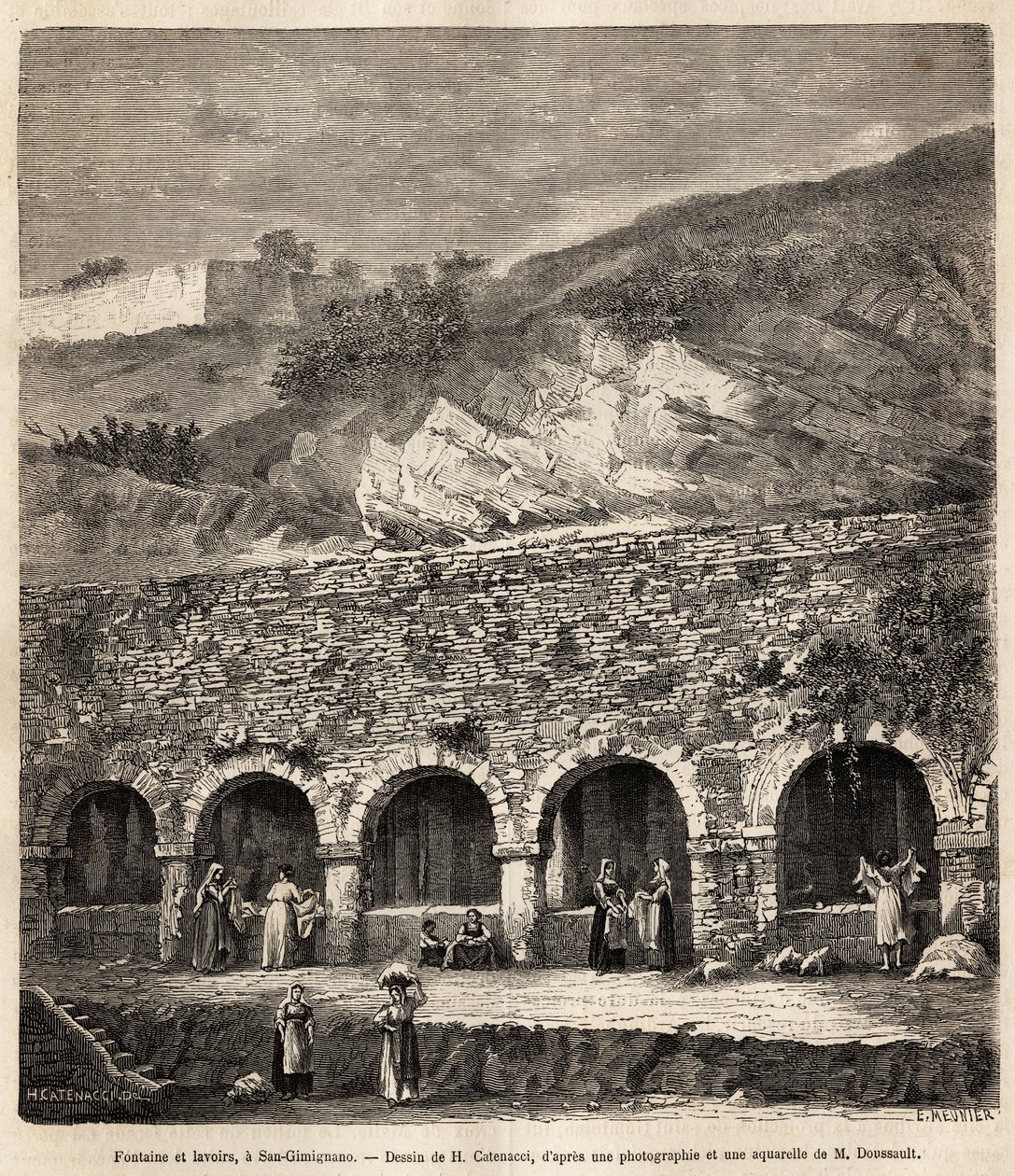 Kvinder ved springvandet og vaskefaciliteterne i San Gimignano (Toscana, Italien). Gravering efter H.Catenaccis tegning, til illustration af rejsen til Toscana og Umbrien, af Francis Wey, i 1875, udgivet i "" Le tour du monde""" 1876, redigeret af Edouard  af Hercule (after) Catenacci