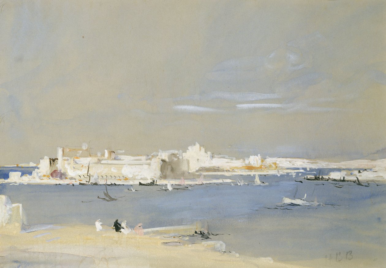 The Harbour, Valletta, Malta (wc & kropsfarve på tonet papir) af Hercules Brabazon Brabazon