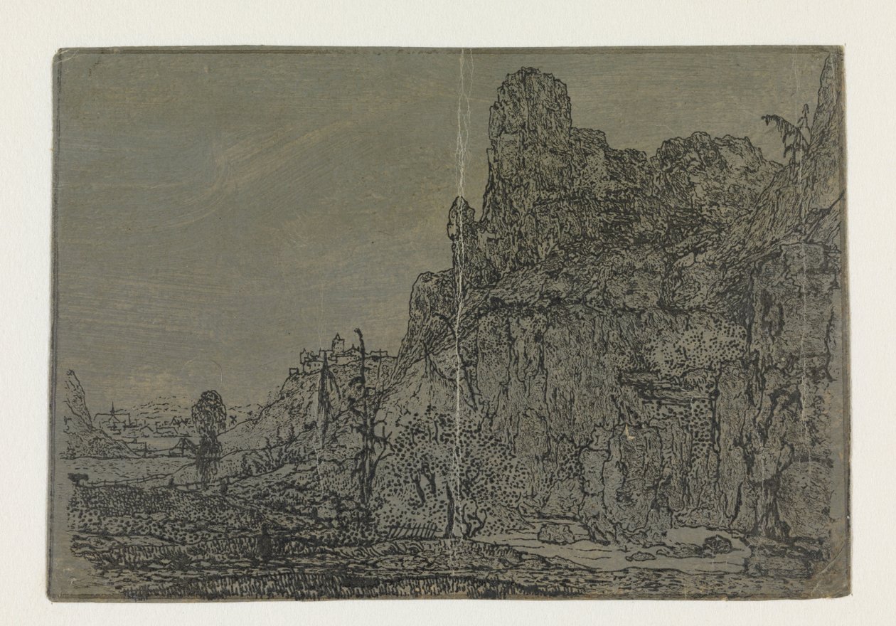 Landskab med en stejl klippe, lille udgave Landskab med en stejl klippe og en strøm: Lille version af Hercules Segers