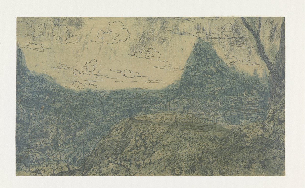 Bjerglandskab med våbenskjold, første version Bjerglandskab med en kam og et gaffeltræ: første version af Hercules Segers