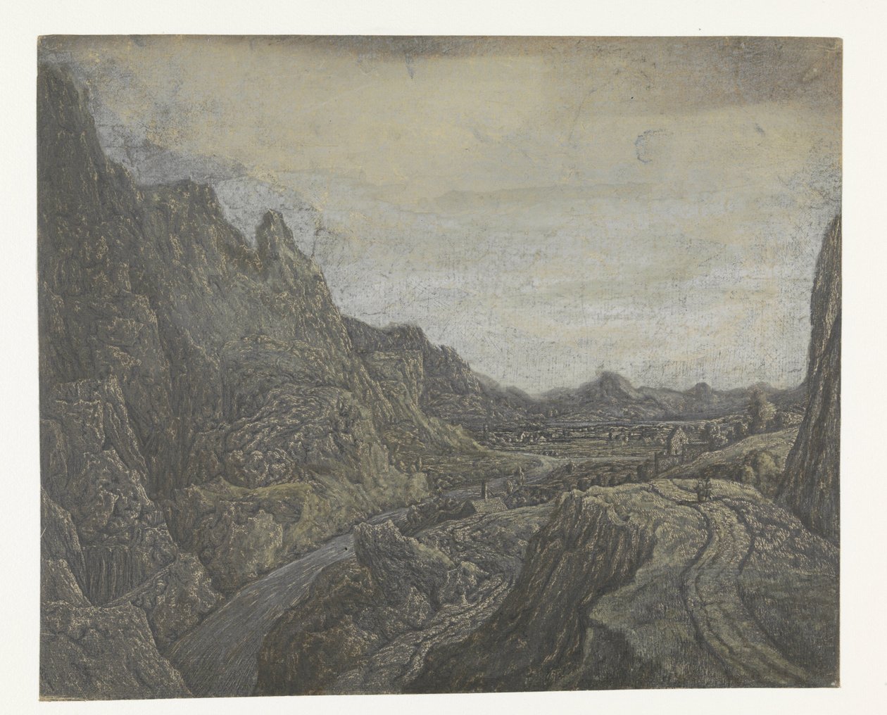 Klippelandskab med en vej og en flod af Hercules Segers