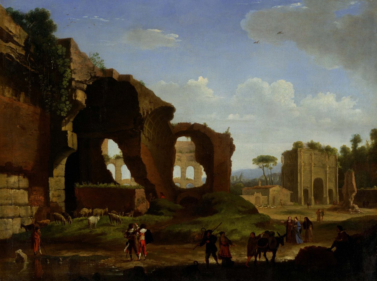 En romersk udsigt over ruinerne af Venus -templet og Rom med Colosseum og Konstbuen ... af Herman van Swanevelt