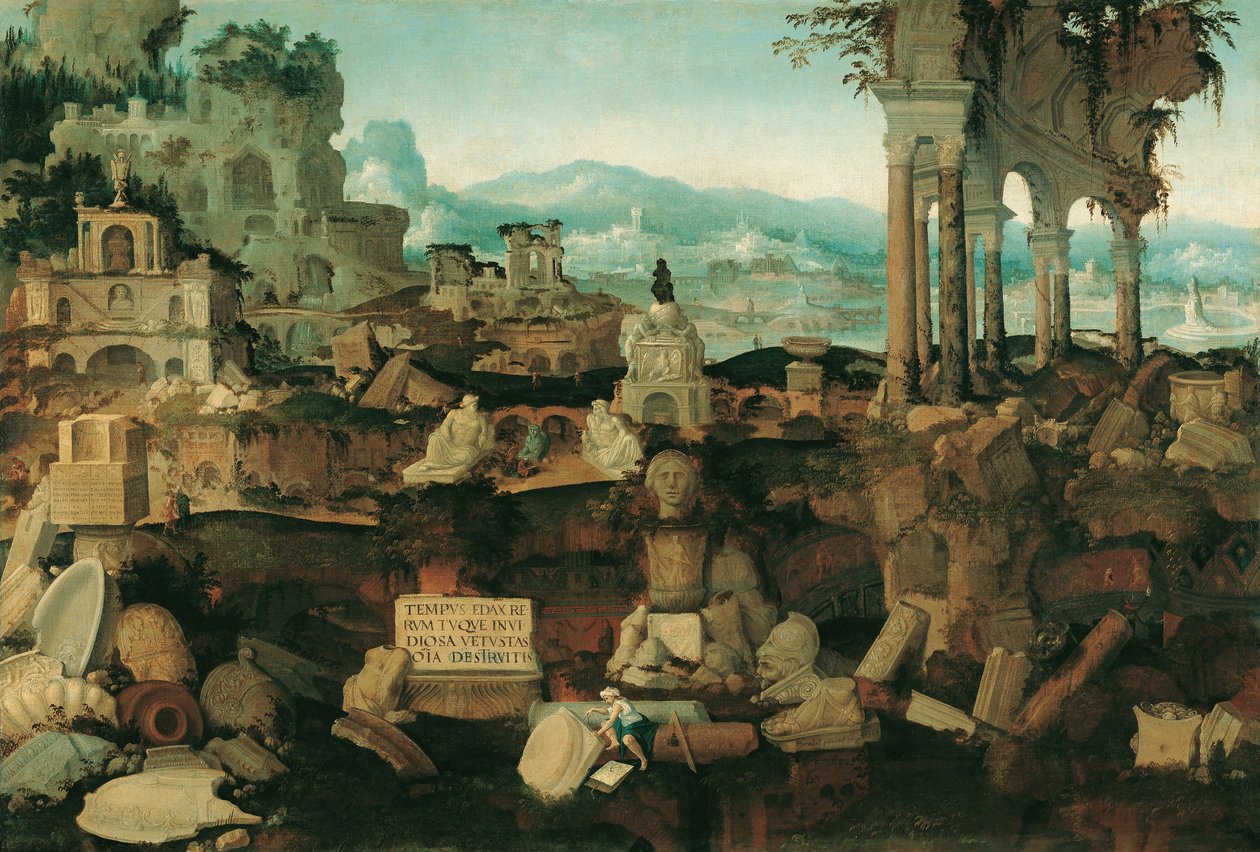 Landskab med romerske ruiner, 1536 af Herman Posthumus