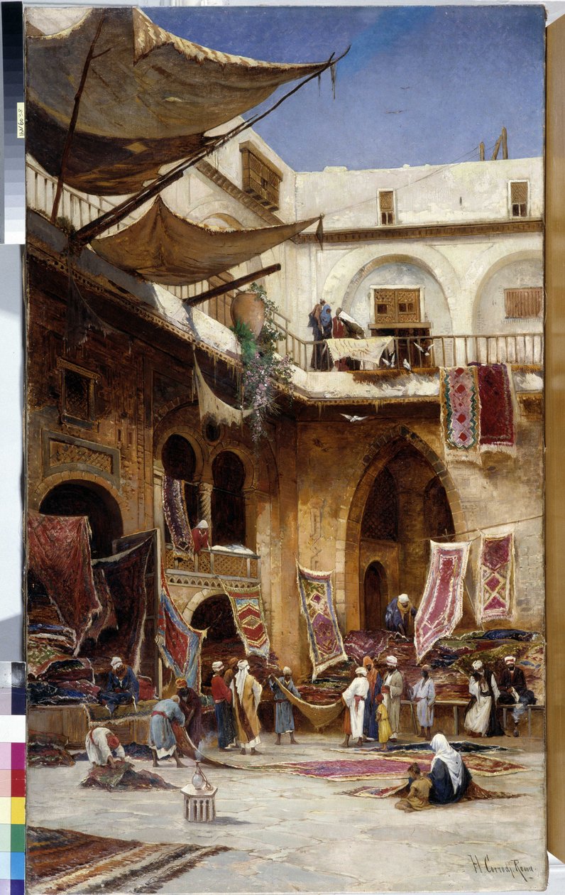 Tæppehandler i gaderne i Istanbuls Stamboul-distrikt. Kalkun. Maleri af Herman David Salomon Corrodi (1844-1905) cm 110x81 Olie på lærred Obligatorisk omtale: Samling stiftelse hilsen Provence Marseille af Herman David Salomon Corrodi