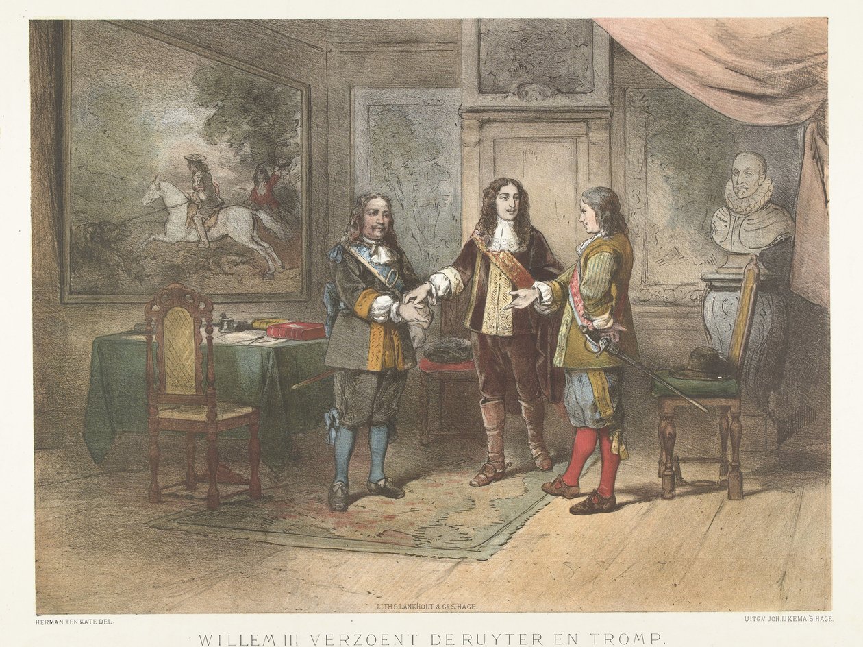 Prins William III forsoner Michiel de Ruyter og Cornelis Tromp, 1673 Willem III forsoner de Ruyter og Tromp (titel på objekt) af Herman Frederik Carel ten Kate