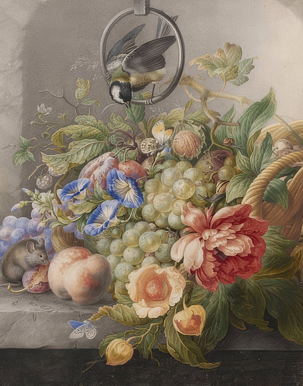 Stilleben med blomster, frugter, en stormejse og en mus. Omkring 1700-10 af Herman Henstenburgh