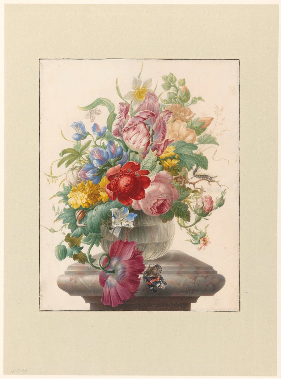Blomster i en glasvase med en sommerfugl Bloemen in vaas mødte Atalanta af Herman Henstenburgh