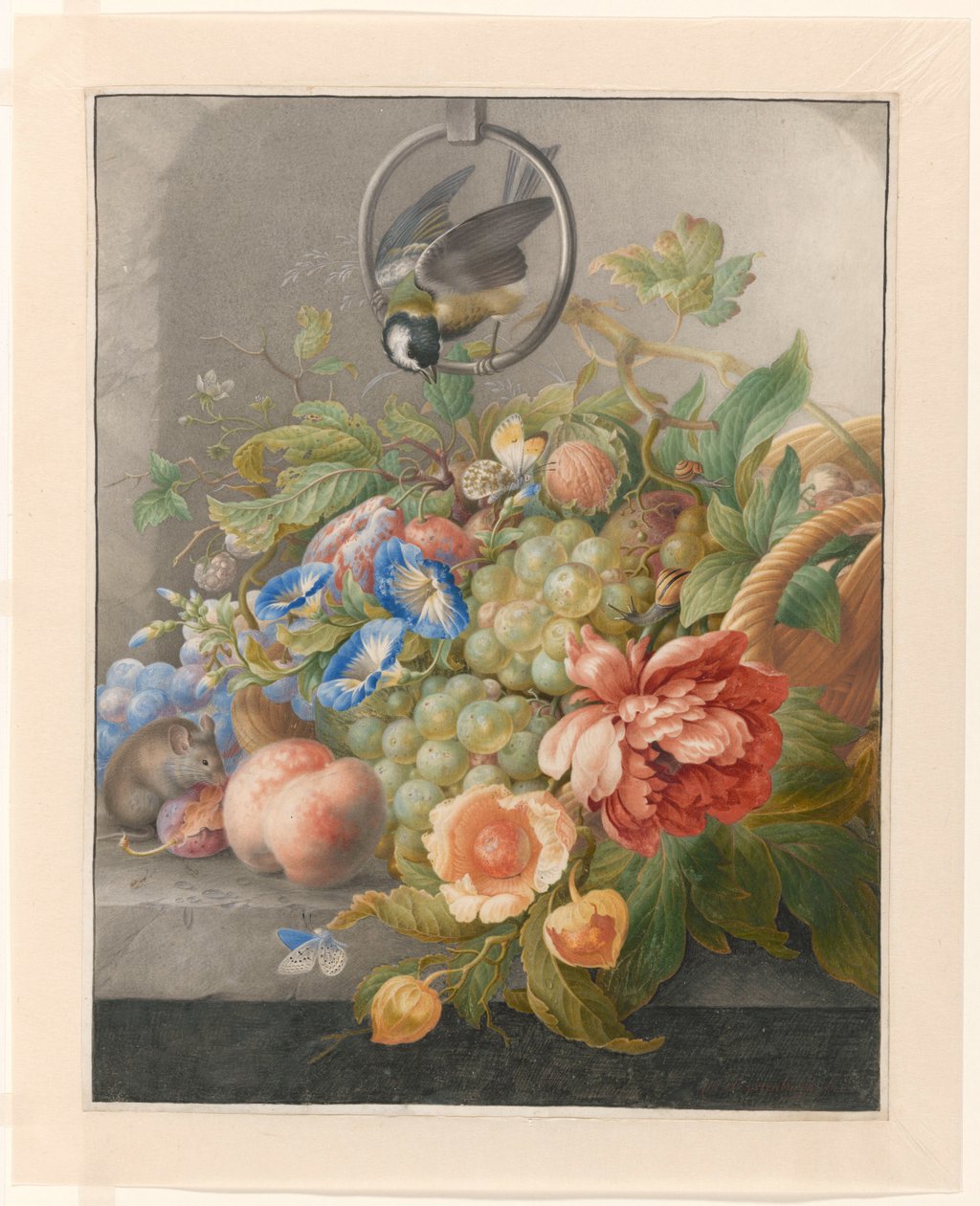 Stilleben med blomster, frugt, en stormejse og en mus Stilleben med blomster, frugter, en talgmejse og en mus af Herman Henstenburgh
