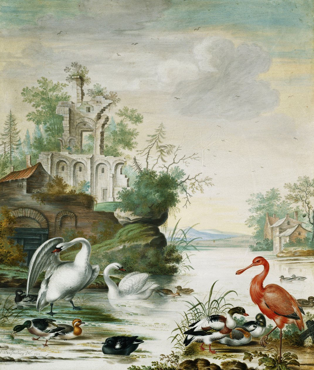 Svaner, en skestork, en gråand, en pike og andre ænder på en flod under en ruin, 1694 af Herman Henstenburgh
