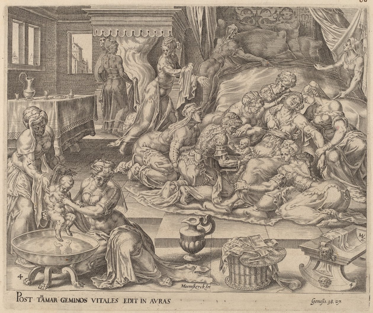 Pharez og Zaras fødsel af Herman Jansz Muller after Maerten van Heemskerck