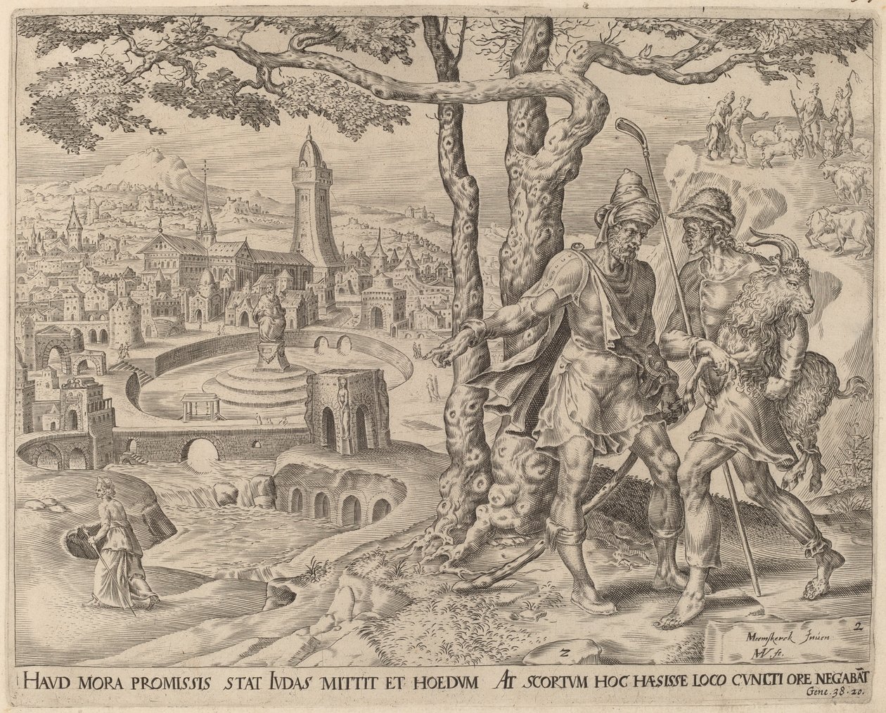 Adullamitten Hirah med barnet af Herman Jansz Muller after Maerten van Heemskerck