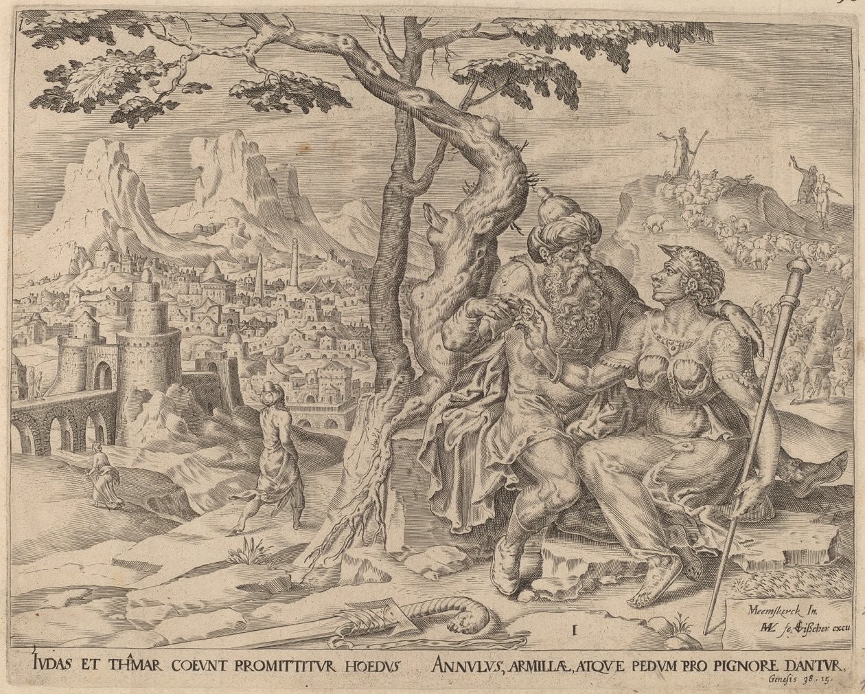 Juda giver Tamar løftet af Herman Jansz Muller after Maerten van Heemskerck