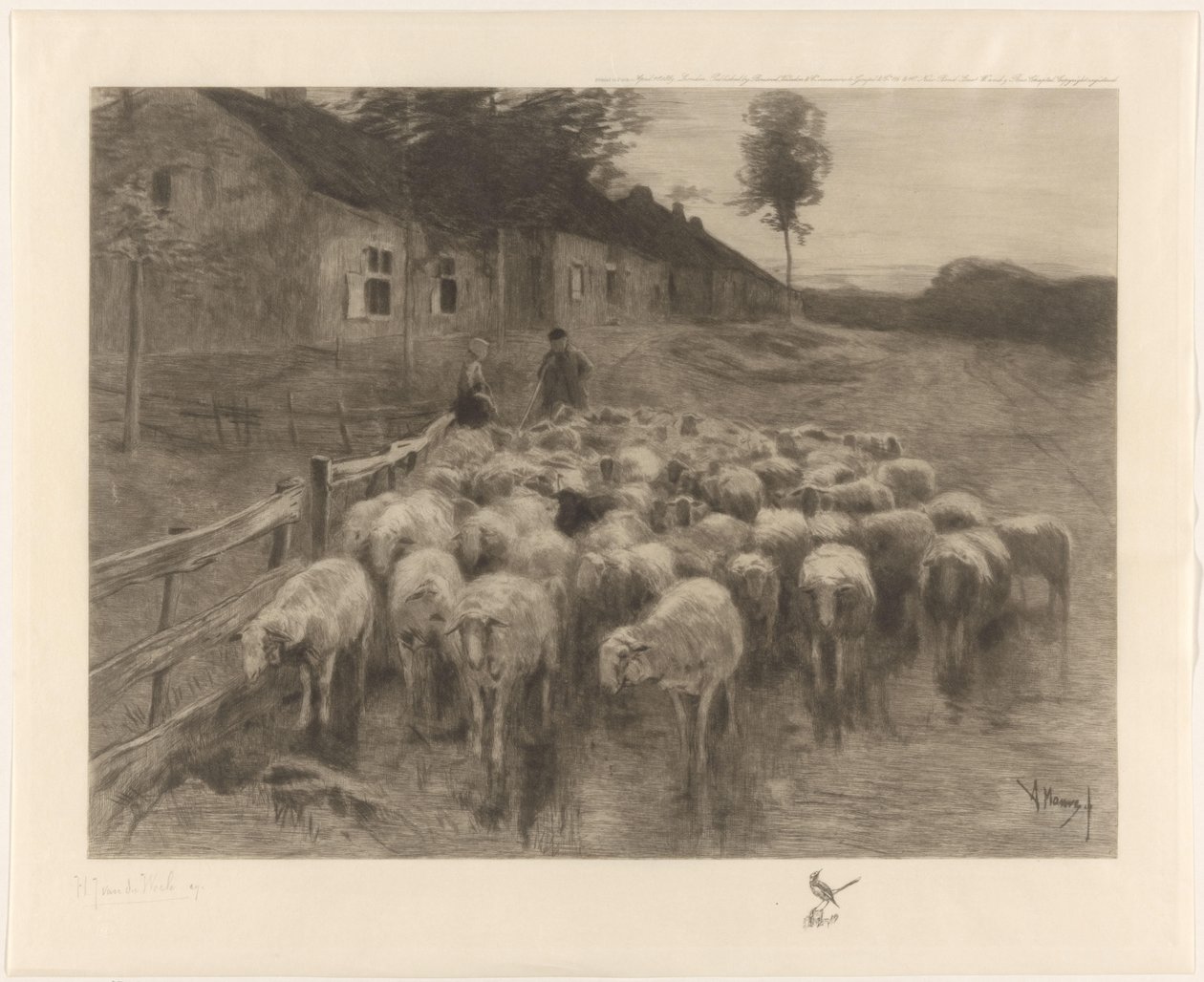 Hyrde og en kvinde med en flok får af Herman Johannes van der Weele (signed by artist)