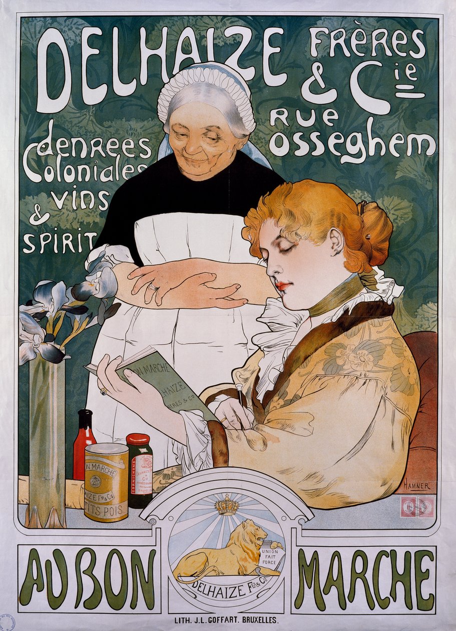 Dame og stuepige, plakat for firma Delhaize Freres et Cie au bon marche af Herman Richir