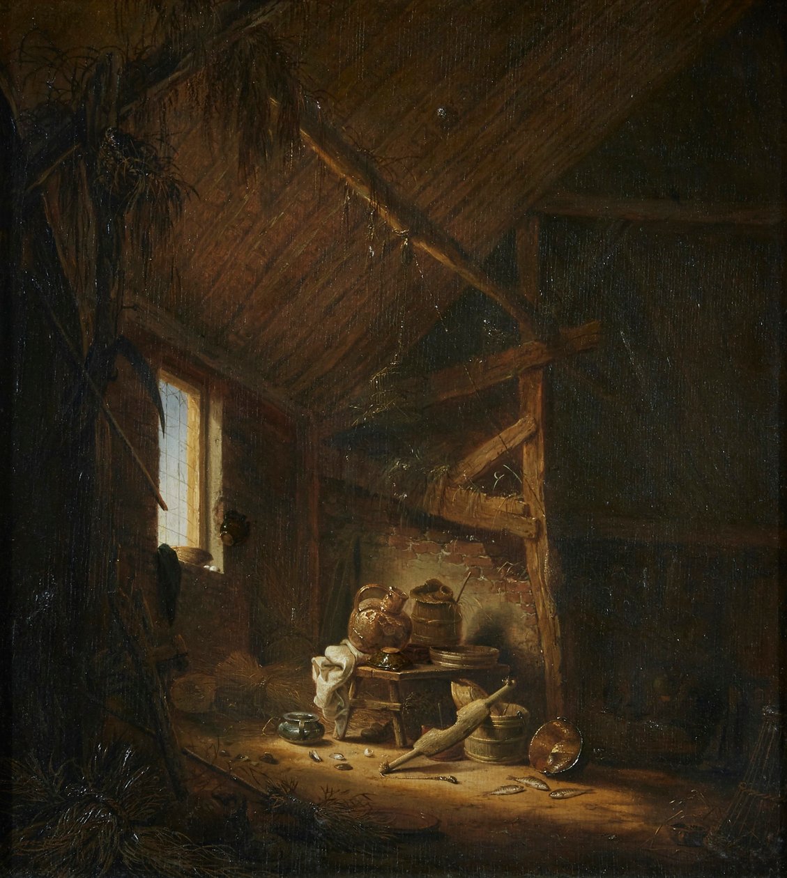 Et staldinteriør med lys, der strømmer ind gennem et vindue af Herman Saftleven