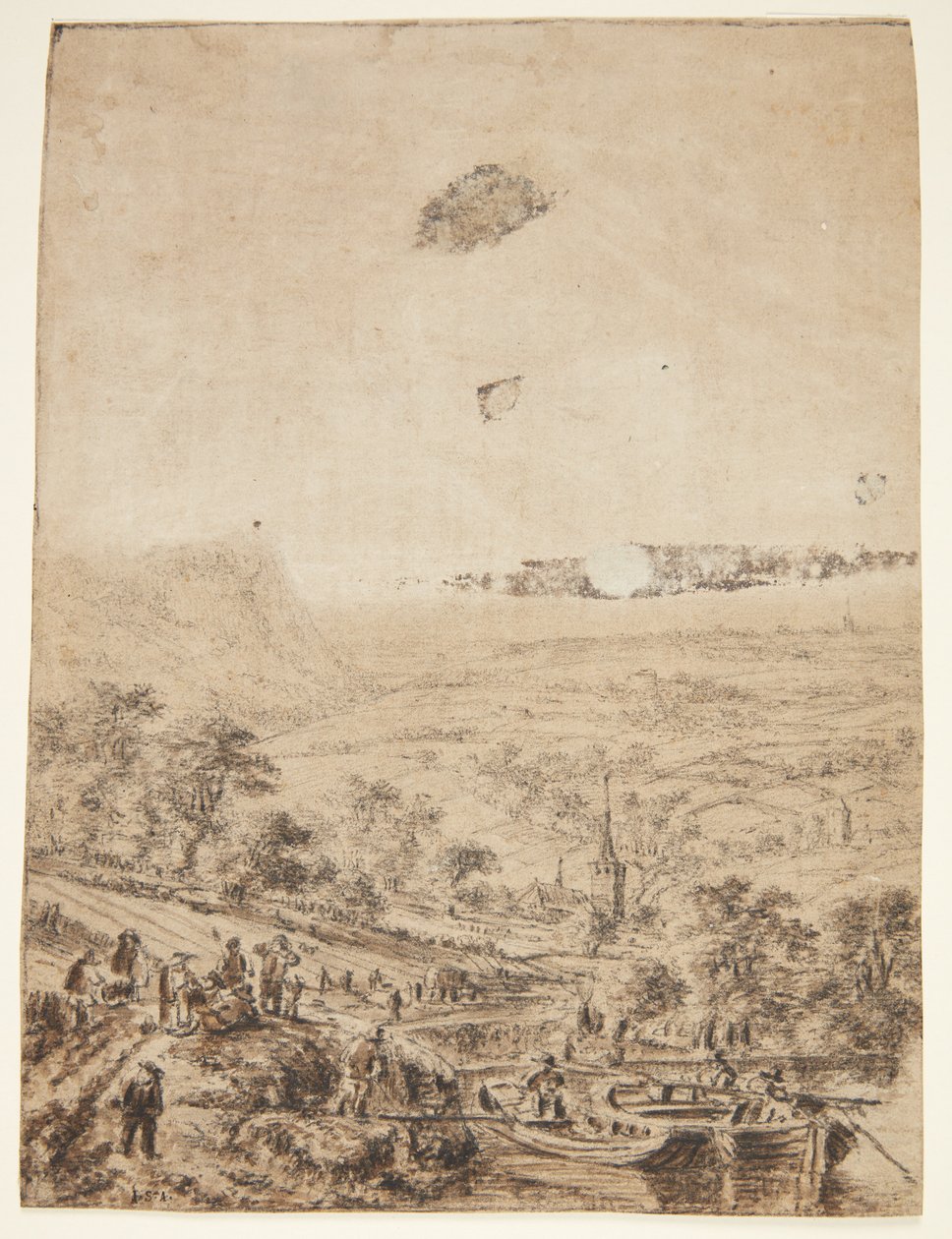 Panoramisk landskab med bønder, fiskere og en landsbykirke af Herman Saftleven