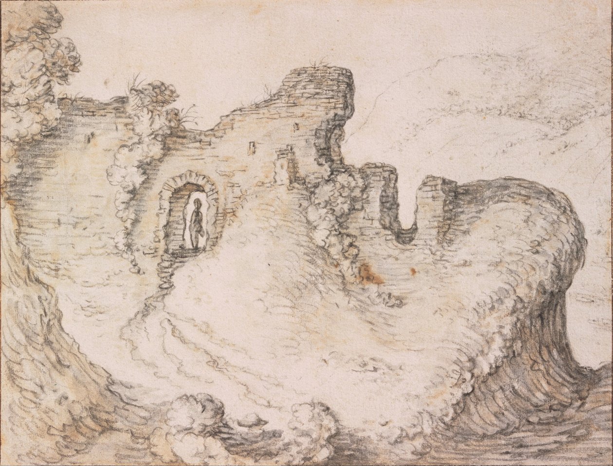 Klippelandskab med ruiner, der danner profilen af en mands ansigt, ca. 1650 af Herman Saftleven