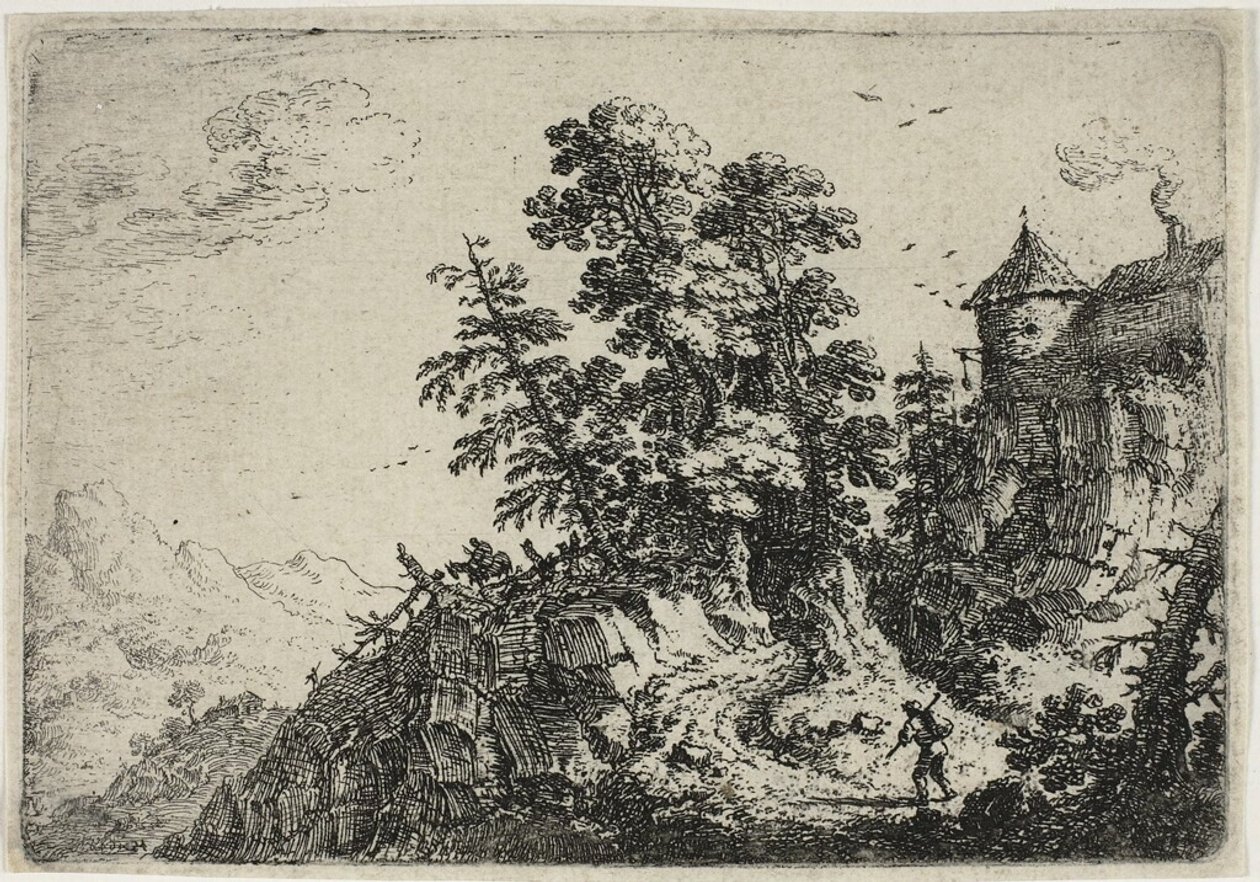 Rejsende på snoet vej, fra Six Landscapes af Herman Saftleven