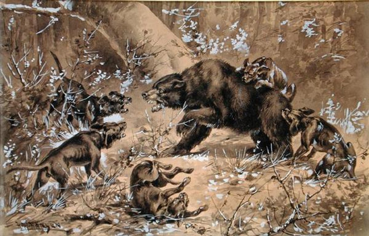 Bear Hunt (akvarel og kinesisk hvid på papir) af Herman Wendleborg Hansen