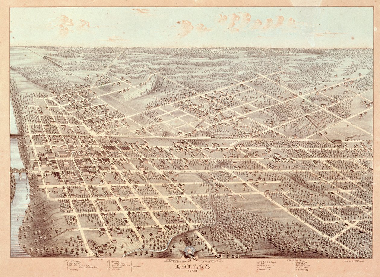 Vejkort over Dallas, Texas, 1872 af Herman attr. to Brosius